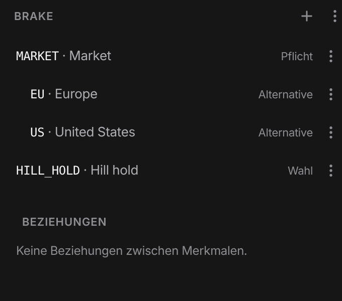 Der Merkmalbaum „Brake system“ mit dem Markt als Pflichtmerkmal und der Berganfahrhilfe zur Wahl.
